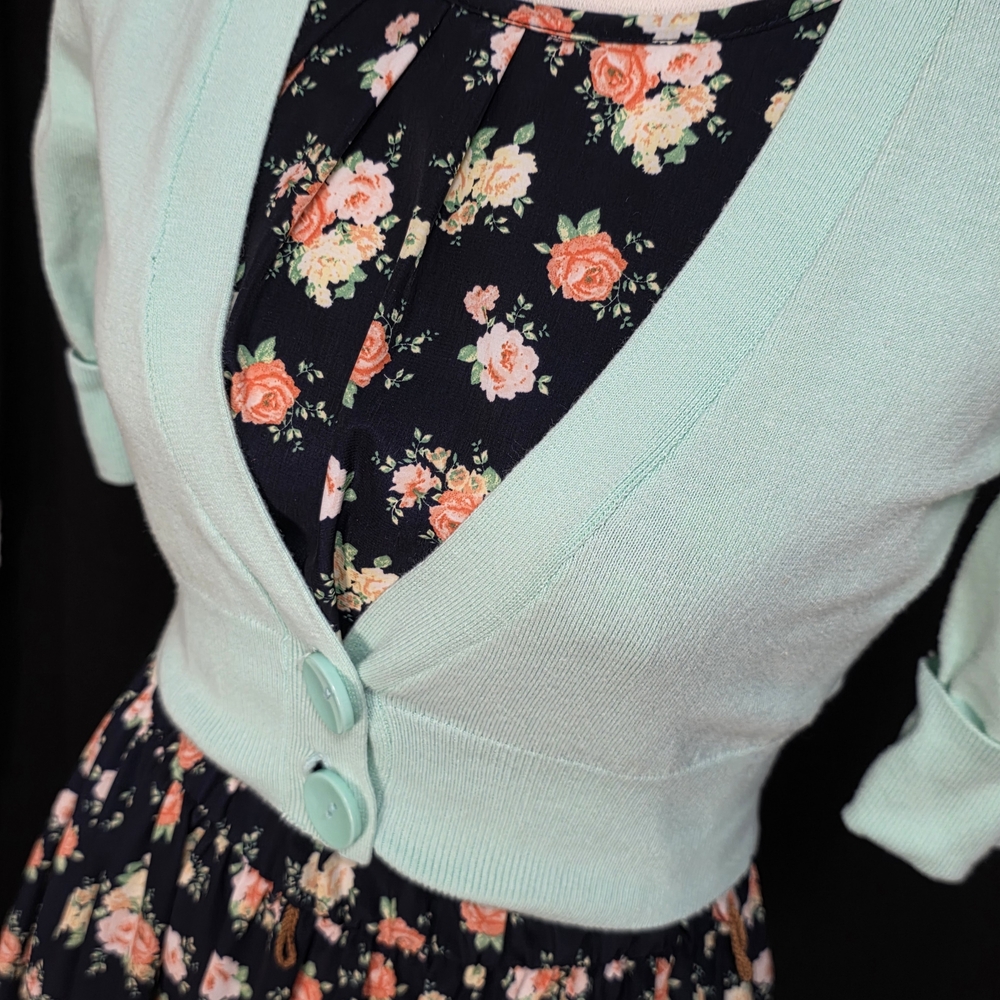 Floral Spring Dress with Mint Cardigan (Size: M)